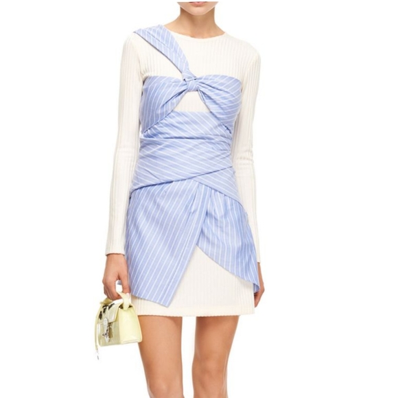 Thakoon Dresses & Skirts - Thakoon Cream Ribbed Long-Sleeve Dress with Blue Pinstripe Wrap